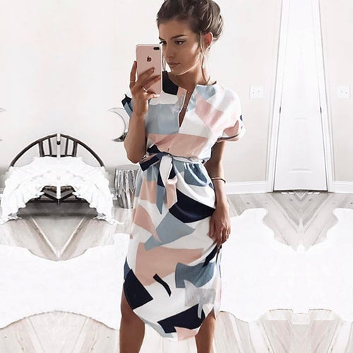 2019 Hot Sale Women Midi Party Dresses Geometric Print Summer Boho Beach Dress