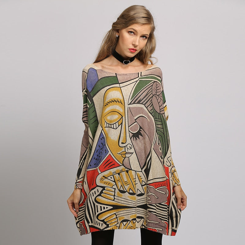 XIKOI Sweater Woman  Casual Oversize Long Batwing Sleeve O-Neck Knitted Fashion Pullovers Abstract Print Clothes